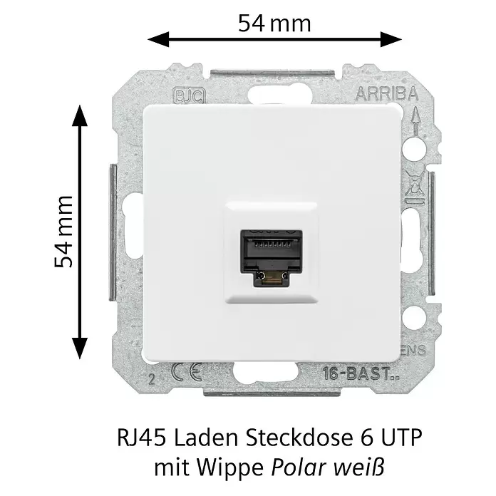 Siemens DELTA Mega Netzwerk-Anschlussdose SIE044103 - Polar Weiß, Glänzend, 1 Stk. - Weiße RJ45 Cat 6 UTP Netzwerkdose mit Wippe auf Metallrahmen. Maße 54x54 mm.