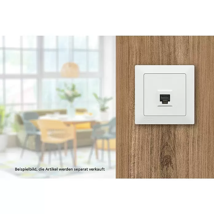 Siemens DELTA Mega Netzwerk-Anschlussdose SIE044103 - Polar Weiß, Glänzend, 1 Stk. - Weißes Siemens Netzwerkanschluss an einer Holzwand, Teil eines modernen Rauminterieurs.
