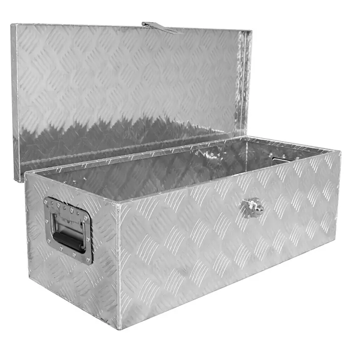 Güde Transportbox GT 55 - 55 l, Aluminium, B x T x H: 760 x 335 x 250 mm - Offener Werkzeugkasten aus Aluminium mit Riffelblechmuster, ideal für die Aufbewahrung und den Transport von Werkzeugen und Ausrüstung.