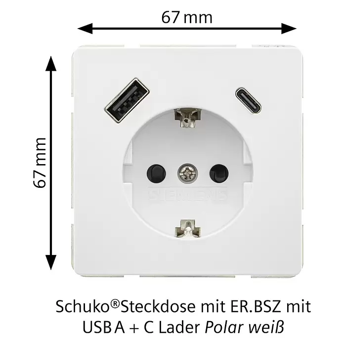 Siemens Delta Style USB-Steckdose SIE044271 - Polar Weiß, Glänzend, Kunststoff, Unterputzmontage - Weiße Siemens Schuko-Steckdose (67x67mm) mit integrierten USB-A- und USB-C-Ladeanschlüssen.