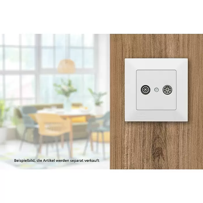 Siemens DELTA Mega Antennendose SIE044097 - Polar Weiß, Glänzend, Kunststoff, Unterputzmontage - Weiße Siemens Koaxial-Antennendose mit zwei Anschlüssen, an einer Holzwand in einem modernen Wohnraum montiert.