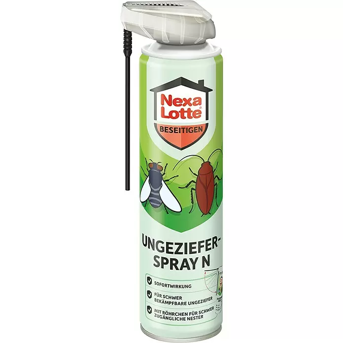 Nexa Lotte Beseitigen Insekten-Spray N - 400 ml - Grüne Nexa Lotte Insektenspraydose mit Düse und Röhrchen, zeigt Fliege und Kakerlake, zur Schädlingsbekämpfung.