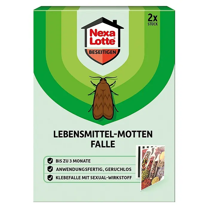 Nexa Lotte Beseitigen Lebensmittelmottenfalle - 2 Stk., L x B x H: 15 x 119 x 150 mm - Nexa Lotte Lebensmittelmottenfalle: Bekämpft Lebensmittelmotten bis zu 3 Monate, anwendungsfertig und geruchlos mit Sexuallockstoff.