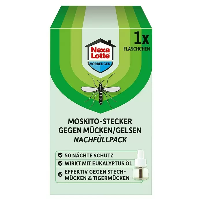Nexa Lotte Vorbeugen Stechmückenschutz-Nachfüllpackung Moskito-Stecker - 1 Stk. - Nexa Lotte Moskito-Stecker Nachfüllpack. Enthält 1 Fläschchen mit Eukalyptusöl für 50 Nächte Schutz gegen Stech- & Tigermücken.