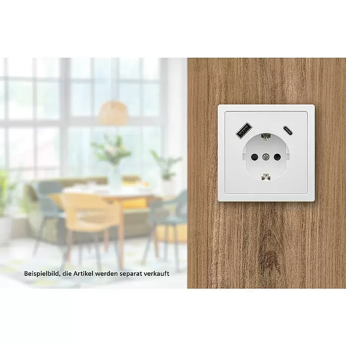 Siemens Delta Style USB-Steckdose SIE044271 - Polar Weiß, Glänzend, Kunststoff, Unterputzmontage - Weiße Steckdose mit USB-A und USB-C Anschlüssen an Holzwand in modernem Raum.