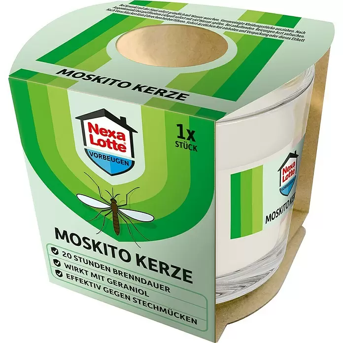 Nexa Lotte Vorbeugen Moskito-Kerze - 90 g - Grün verpackte Nexa Lotte Moskito Kerze im Glas mit Geraniol, 20h Brenndauer.