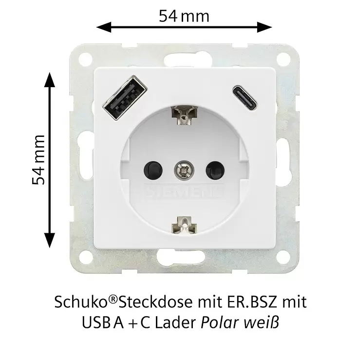Siemens DELTA Mega USB-Steckdose USB A & USB C SIE044080 - Polar Weiß, Glänzend, Kunststoff, Unterputzmontage - Weiße Siemens Schuko-Steckdose mit integrierten USB-A- und USB-C-Ladeanschlüssen.