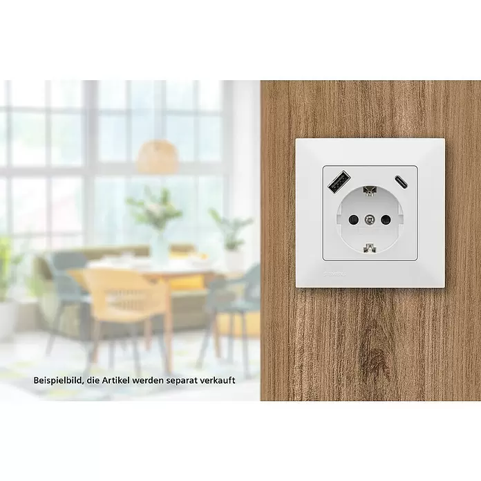 Siemens DELTA Mega USB-Steckdose USB A & USB C SIE044080 - Polar Weiß, Glänzend, Kunststoff, Unterputzmontage - Weiße Steckdose mit USB-A- und USB-C-Anschlüssen an einer Holzwand.