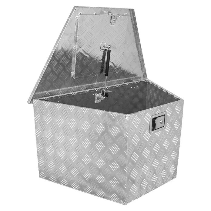 Güde Transportbox GT 120 - 120 l, Aluminium, B x T x H: 865 x 482 x 465 mm - Geöffnete Werkzeugkiste aus Aluminium mit Riffelblechmuster und einem Hebe-Mechanismus für den Deckel.