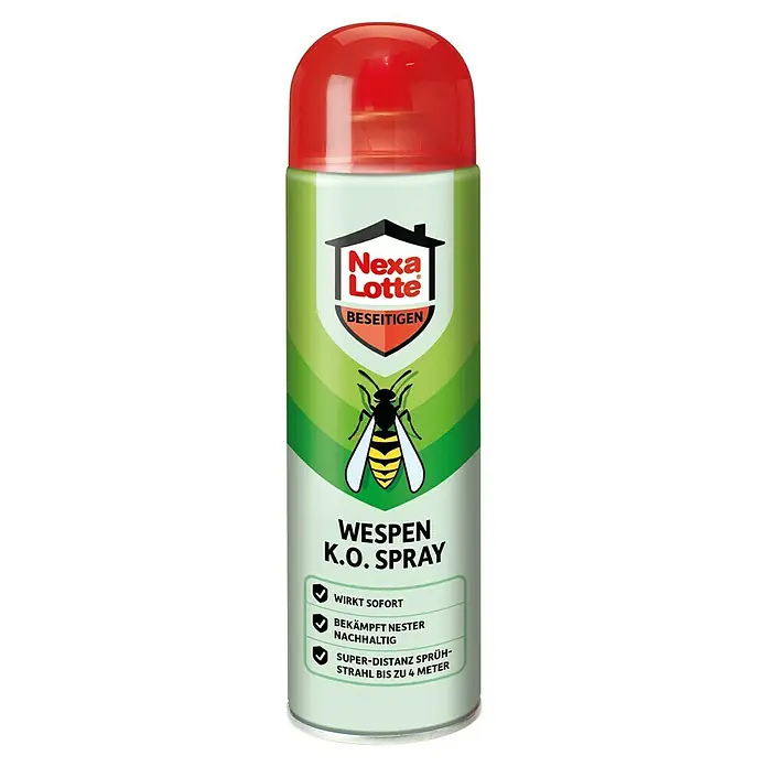 Nexa Lotte Wespen-Spray K.O. - 500 ml - Nexa Lotte Wespen K.O. Spraydose mit roter Kappe, Abbildung einer Wespe und Werbeversprechen.
