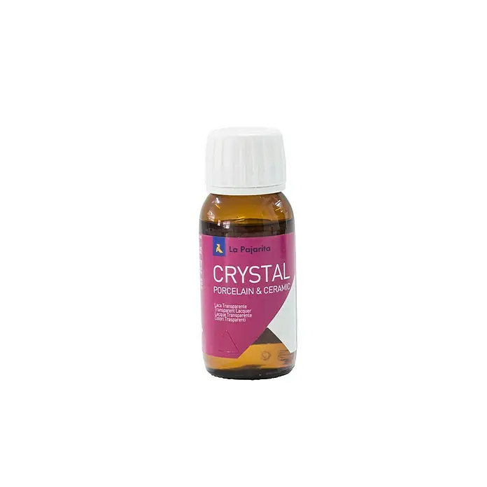 La Pajarita Laca para efectos decorativos Crystal - 50 ml, Blanco - Un frasco de pintura transparente CRYSTAL para porcelana y cerámica de La Pajarita, en un frasco de vidrio marrón.