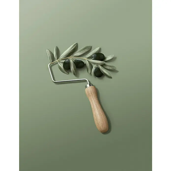SCHÖNER WOHNEN-Farbe Wandfarbe Trendfarbe - Olive, Matt, 2,5 l, Konservierungsmittelfrei - Farbe von Oliven: Farbtöne einer Olive mit einem Farbroller aus Holz und Olivenzweigen auf einem einfarbigem Hintergrund.
