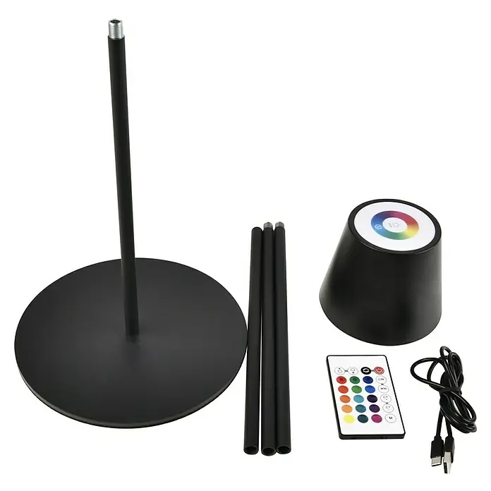 Starlux Paola Akku-Stehleuchte - Schwarz, RGBW, 3 W, IP44 - RGB-LED-Eckstehlampe mit Fernbedienung, zerlegt in Basis, Stangen, Lampenkopf und USB-Kabel.