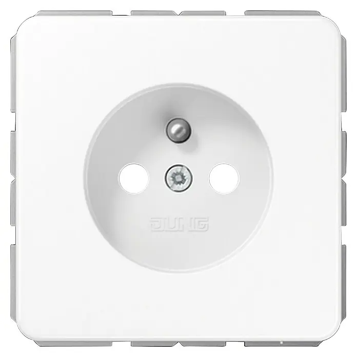 Jung CD 500 Steckdose CD 1520 FKI WW - Alpinweiß, Glänzend, Kunststoff, Unterputzmontage - Nahaufnahme einer weißen Jung-Steckdose mit runder Aussparung für den Stecker und dem Jung-Logo unten.