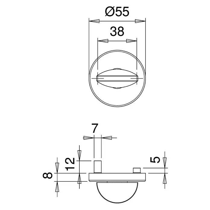 Portaferm Schlüsselschild - Durchmesser Rosette: 55 mm, Schlitzkopf/Olive, Silber - Produktabbildung mit detaillierten Maßangaben. Die Darstellung zeigt eine schematische Zeichnung des Produkts mit präzisen Abmessungen für Design und Konstruktion.