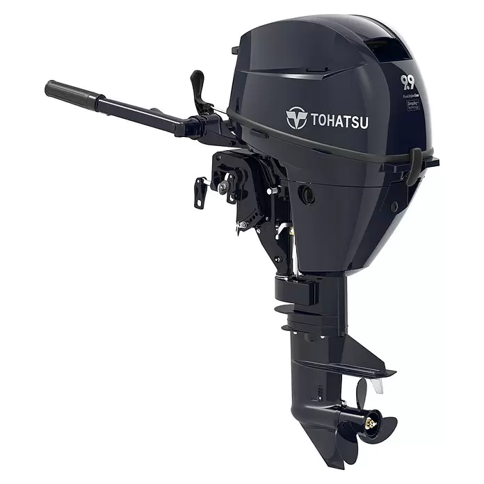 Tohatsu Außenbordmotor MFS 9.9 CYS - 7,28 kW, Pinnensteuerung, Kurzschaft, Seilzug - Dunkelblauer Tohatsu Außenbordmotor mit Pinne und Propeller, mit „9.9 Fuel Injection Simpliq Technology“-Branding.
