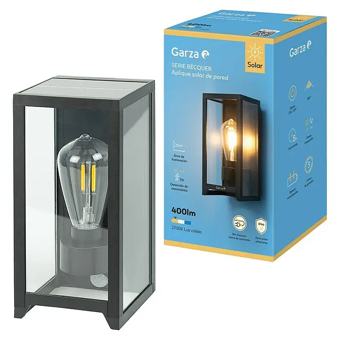 Garza Aplique solar para exterior Becquer - L x An x Al: 12 x 15 x 25 cm, Negro, IP44, 400 lm - Imagen de un aplique solar de pared Garza Béquer con sensor de movimiento, luz blanca cálida (2700K) y protección IP44 para exteriores.