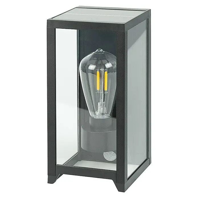 Garza Aplique solar para exterior Becquer - L x An x Al: 12 x 15 x 25 cm, Negro, IP44, 400 lm - Elegante linterna solar con sensor de movimiento y bombilla Edison. Ideal para crear iluminación ambiental en exteriores.