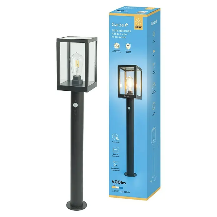 Garza Sobremuro solar solar LED Becquer - 14 x 15 x 80 cm, Negro - La imagen muestra la elegante farola solar Garza Bécquer, ideal para iluminar con estilo jardines y caminos con energía solar eficiente.
