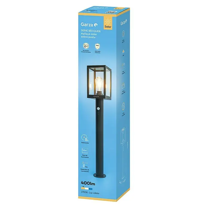 Garza Sobremuro solar solar LED Becquer - 14 x 15 x 80 cm, Negro - Embalaje de una luz solar de jardín Garza, serie Becquer, con 400lm de brillo y luz blanca cálida (2700K).
