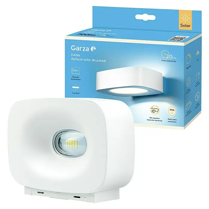 Garza Aplique solar para exterior Diana - L x An x Al: 17,5 x 12,4 x 5 cm, Blanco, IP65 - Imagen de un aplique solar de pared Garza DANA. Esta moderna luz exterior utiliza tecnología LED para una iluminación eficiente.