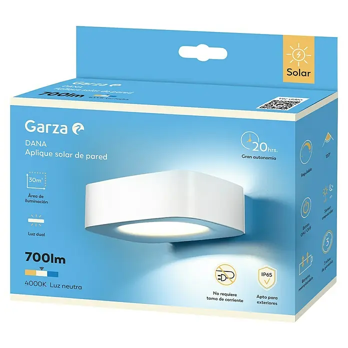 Garza Aplique solar para exterior Diana - L x An x Al: 17,5 x 12,4 x 5 cm, Blanco, IP65 - Imagen del embalaje de una lámpara de pared solar Garza DANA, con una salida de 700lm y luz blanca neutra.