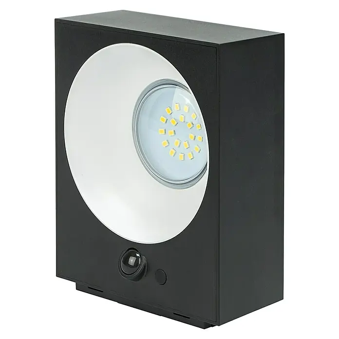 Garza Aplique solar para exterior Onix - L x An x Al: 12,1 x 15,2 x 5 cm, Negro, 1.000 lm - Primer plano de una luz exterior negra con sensor de movimiento y luz LED circular.