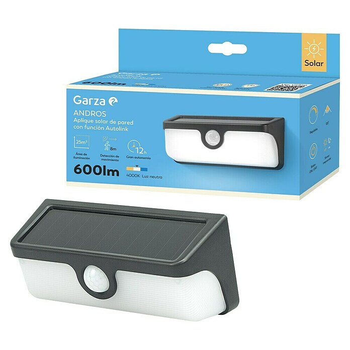 Garza Aplique solar para exterior Andros (L x An x Al: 16,8 x 7,5 x 6,1 cm, Negro, IP54, 600 lm) | BAUHAUS