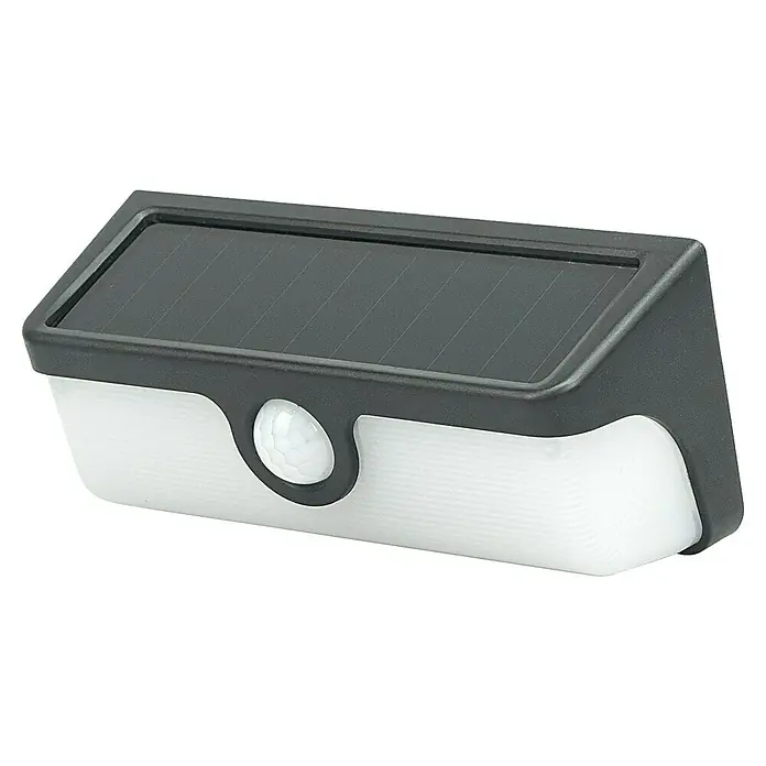 Garza Aplique solar para exterior Andros - L x An x Al: 16,8 x 7,5 x 6,1 cm, Negro, IP54, 600 lm - La imagen muestra una luz de pared solar con sensor de movimiento, ideal para exteriores. La luz está diseñada en gris y blanco.