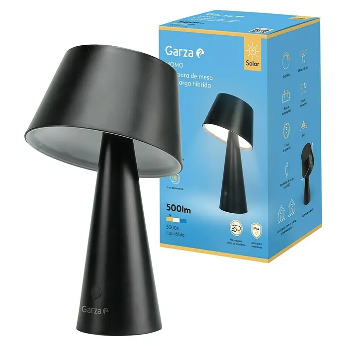 Garza Lámpara decorativa solar Momo - L x An x Al: 13,2 x 13,2 x 21,8 cm, Negro, IP44 - Lámpara de mesa negra MOMO de Garza, híbrida, con función solar y luz blanca cálida (3000K), ideal para uso interior y exterior.