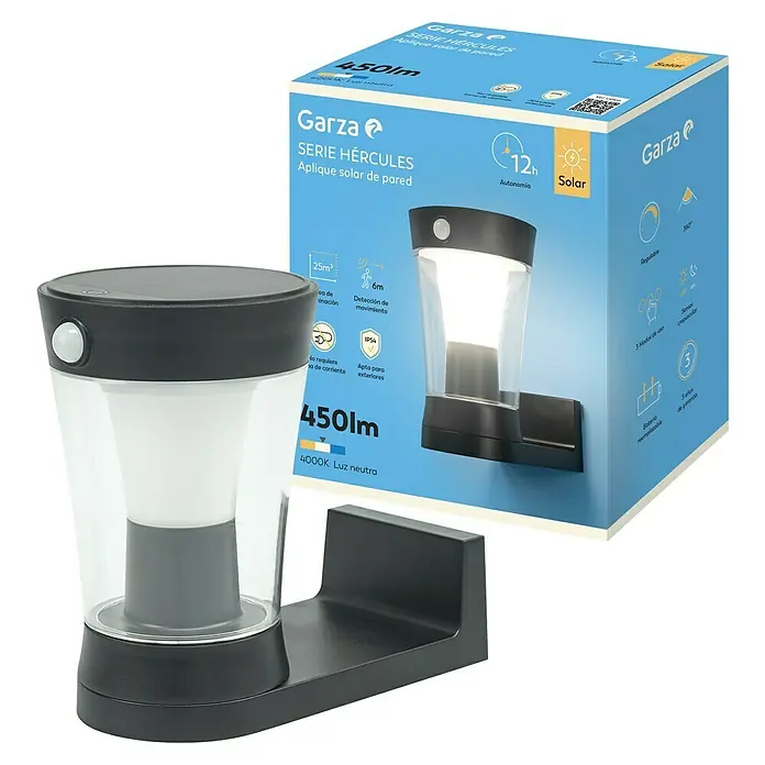 Garza Hércules Aplique solar para exterior - L x An x Al: 12,2 x 22,3 x 19,4 cm, Negro, IP54, 450 lm - Imagen del producto, el aplique solar de pared Garza Serie Hércules, ideal para exteriores, con tecnología LED de eficiencia energética.
