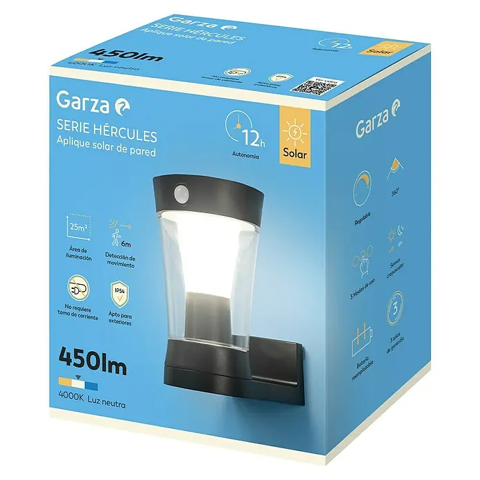 Garza Hércules Aplique solar para exterior - L x An x Al: 12,2 x 22,3 x 19,4 cm, Negro, IP54, 450 lm - Imagen del embalaje de un aplique solar de pared Garza HERCULES, destacando sus características como autonomía y rendimiento lumínico.