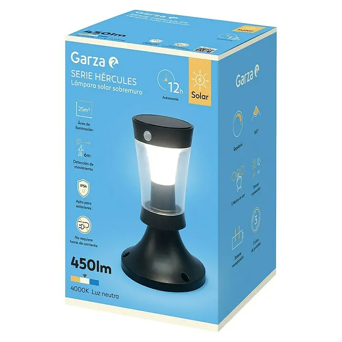 Garza Hércules Sobremuro solar LED - L x An x Al: 18 x 18 x 26,9 cm, Negro, IP54, 450 lm - Embalaje de la lámpara solar Garza Hércules para montaje en pared, con detalles del producto como intensidad luminosa y características.