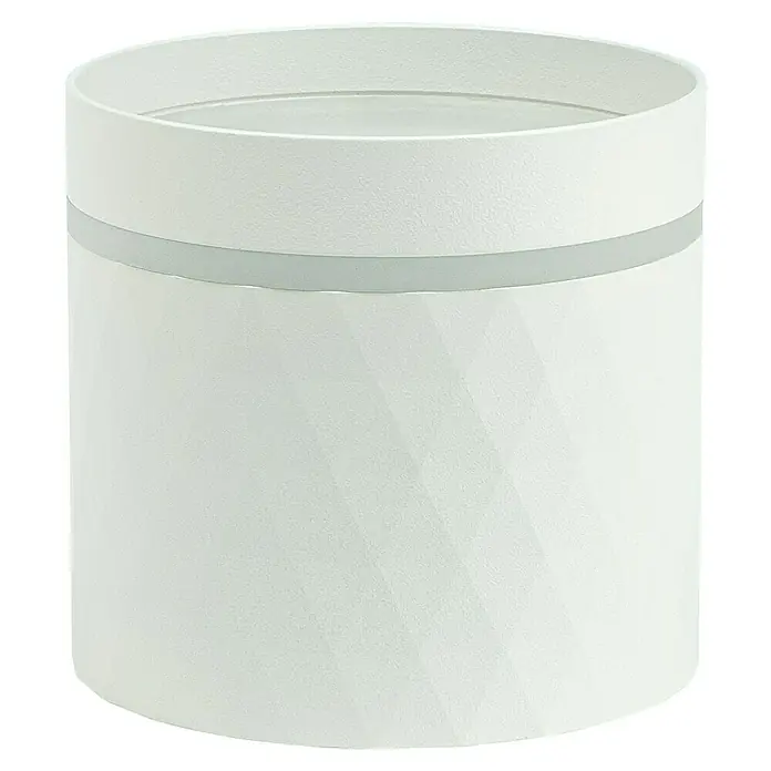 Garza Foco de pared - 12 W, L x An x Al: 8,2 x 8,2 x 8,1 cm, Blanco, GU10 - Primer plano de una maceta redonda blanca con un patrón geométrico y una banda plateada, sobre un fondo negro.