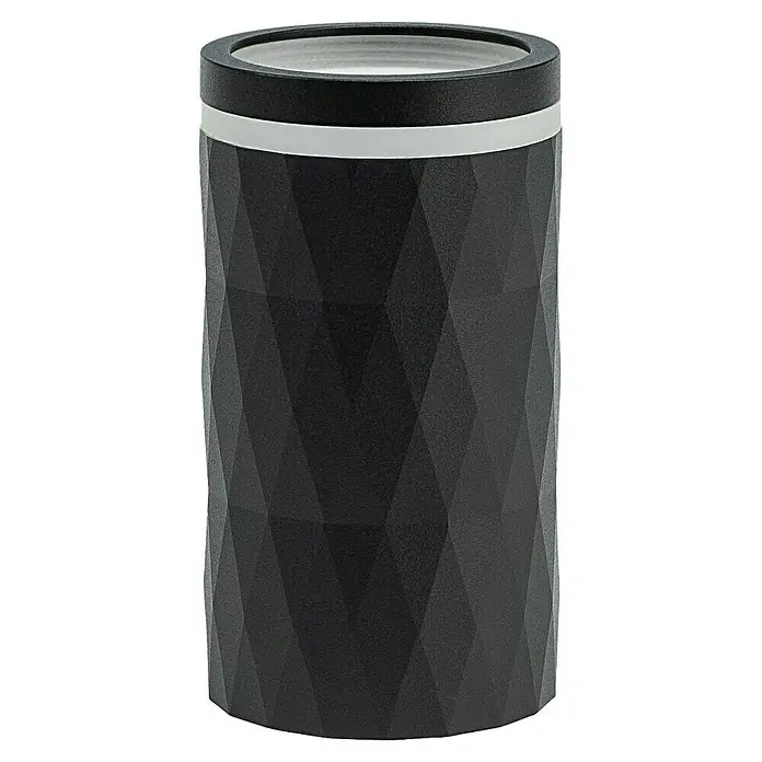 Garza Foco de pared - 12 W, L x An x Al: 5,3 x 5,3 x 10,1 cm, Negro, GU10 - Primer plano de un recipiente cilíndrico con un patrón geométrico acentuado por una banda blanca.