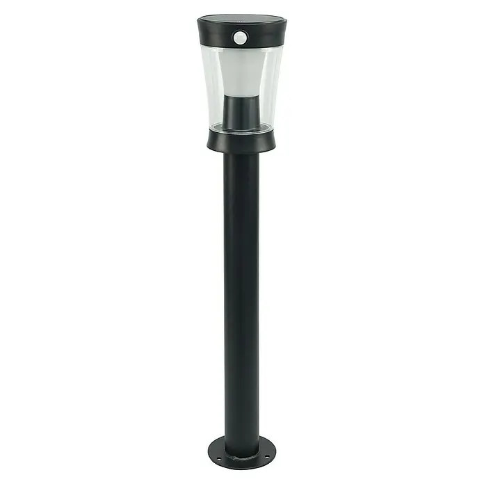 Garza Hércules Sobremuro solar solar LED - 12,2 x 13,1 x 63,1 cm, Negro - Una luminaria exterior negra y elegante con una pantalla clara en forma de cono y un sensor de movimiento redondo para jardines.