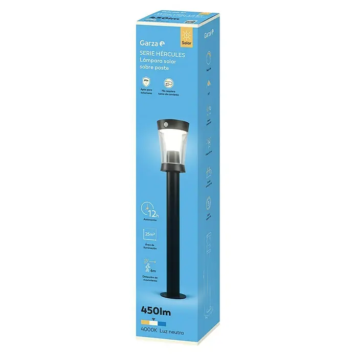 Garza Hércules Sobremuro solar solar LED - 12,2 x 13,1 x 63,1 cm, Negro - Embalaje del producto de una farola solar de jardín "Garza" de la serie "Hércules". La lámpara es negra y funciona a 450 lúmenes.