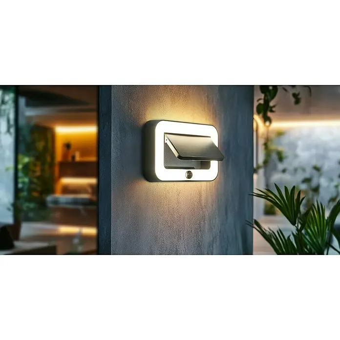 Garza Aplique solar para exterior Nariga - L x An x Al: 23,2 x 15,2 x 5,2 cm, Negro, IP54, 500 lm - Luz exterior moderna con diseño rectangular y solapa ajustable, que emite luz cálida para un ambiente elegante.