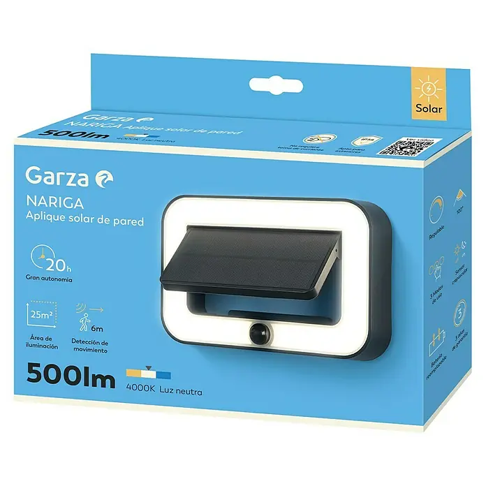 Garza Aplique solar para exterior Nariga - L x An x Al: 23,2 x 15,2 x 5,2 cm, Negro, IP54, 500 lm - Embalaje del producto para una lámpara solar de pared Garza NARIGA que muestra sus características y panel solar.