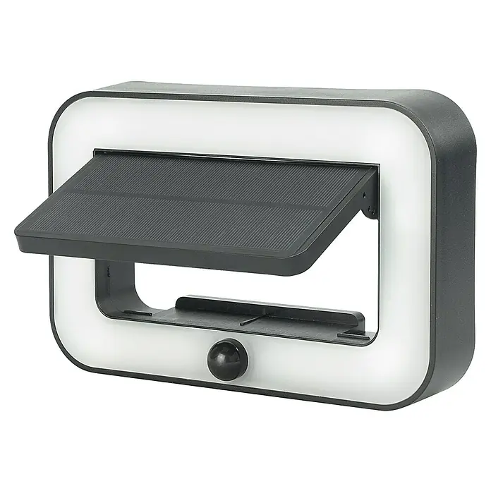 Garza Aplique solar para exterior Nariga - L x An x Al: 23,2 x 15,2 x 5,2 cm, Negro, IP54, 500 lm - Primer plano de una moderna luz solar con panel solar giratorio, ideal para uso en exteriores.