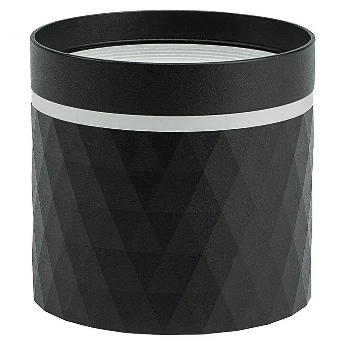 Garza Foco de pared - 12 W, L x An x Al: 8,2 x 8,2 x 8,1 cm, Negro, GU10 - Un elegante ventilador de mesa cilíndrico en negro con un patrón geométrico y una banda plateada de adorno. Perfecto para aire fresco.