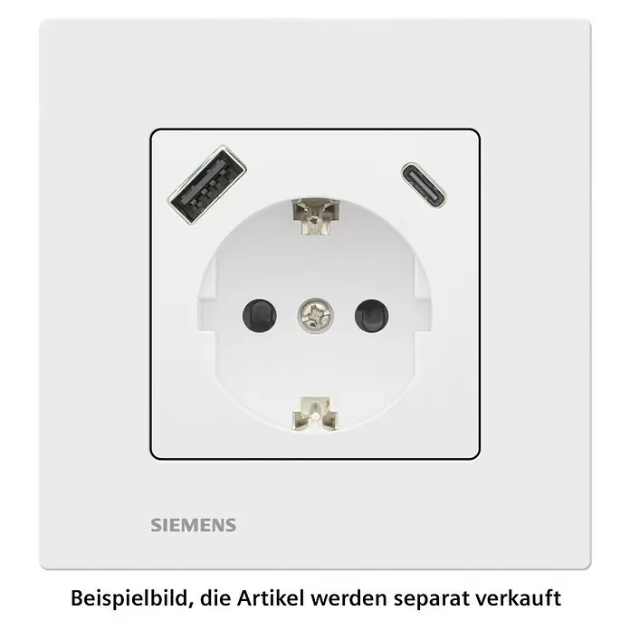 Siemens DELTA Viva USB-Steckdose USB A & USB C SIE044523 - Polar Weiß, Glänzend, Kunststoff, Unterputzmontage - Weiße Siemens Schuko-Steckdose mit integrierten USB-A- und USB-C-Ladeanschlüssen.