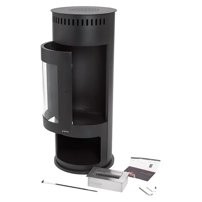 Purline Chimenea de bioetanol Bestfire - 46 x 46 x 112 cm, Negro - Imagen de producto de una chimenea de etanol negra moderna con accesorios para uso en interiores.