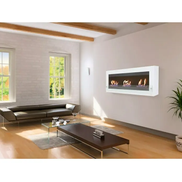 Purline Chimenea de bioetanol Melibea - 16,5 x 136 x 54 cm, Negro - Elegante sala de estar con una chimenea moderna en la pared. La chimenea es un atractivo en el ambiente elegante.