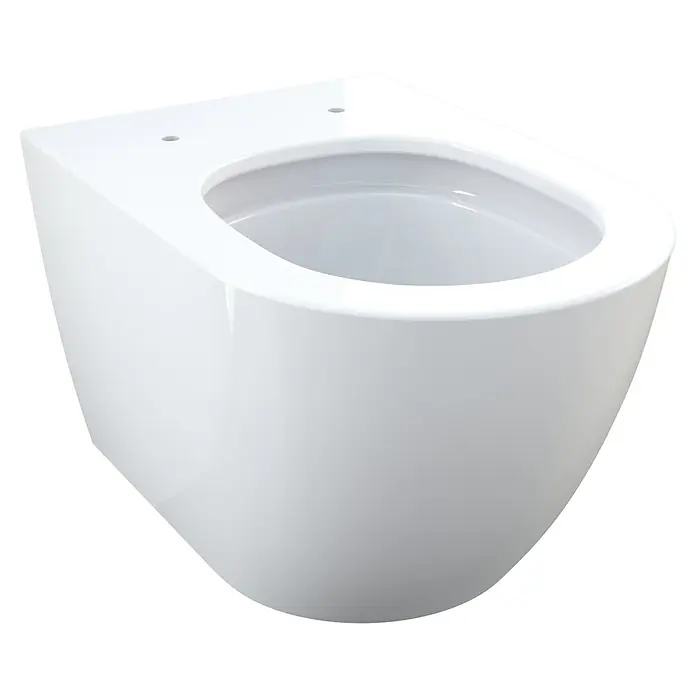 Camargue Los Angeles Wand-WC 2.0 - Spülrandlos, Ohne Spezialglasur, Spülform: Tief, WC Abgang: Waagerecht, Weiß - Nahaufnahme einer hängenden weißen Keramiktoilette mit einem modernen, minimalistischen Design und klaren Linien.