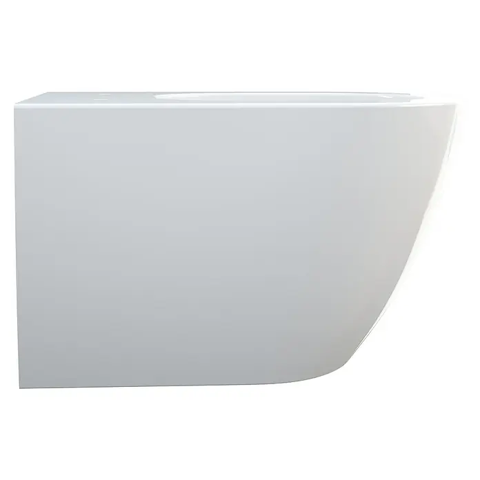 Camargue Los Angeles Wand-WC 2.0 - Spülrandlos, Ohne Spezialglasur, Spülform: Tief, WC Abgang: Waagerecht, Weiß - Nahaufnahme einer modernen, wandmontierten Toilette in Weiß. Das minimalistische Design und die glatte Oberfläche des Keramikobjekts sind erkennbar.
