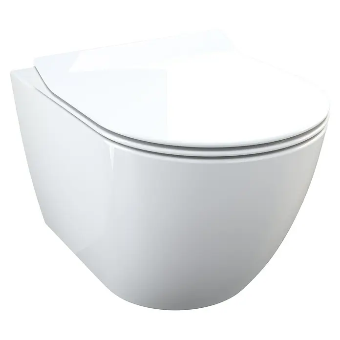 Camargue Los Angeles Wand-WC 2.0 - Spülrandlos, Ohne Spezialglasur, Spülform: Tief, WC Abgang: Waagerecht, Weiß - Nahaufnahme einer weißen, wandhängenden Toilette mit geschlossenem Deckel, ideal für moderne Badezimmerdesigns.