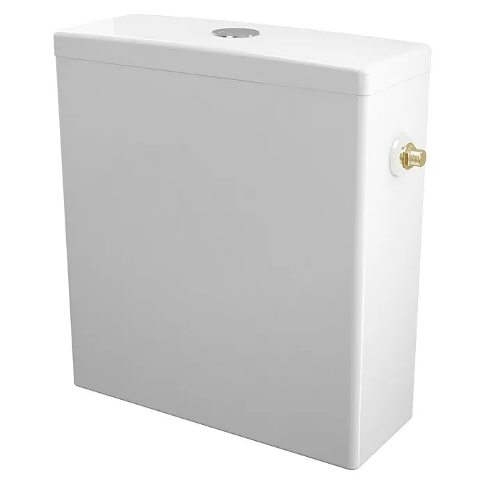 Camargue Los Angeles Spülkasten 2.0 - Ohne Spezialglasur, Keramik, Weiß, 14,5 x 37 x 41 cm - Nahaufnahme eines weißen Spülkastens mit goldenem Anschluss. Ideal für moderne Badezimmer und eine effiziente Wassernutzung.