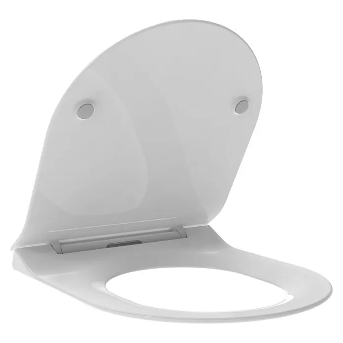 Camargue Los Angeles WC-Sitz 2.0 - Duroplast, Weiß, Mit Absenkautomatik - Weiße Toilettensitzbrille mit Deckel, halb geöffnet dargestellt, elegante Bad-Ausstattung für ein modernes Ambiente.
