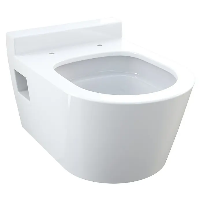 Camargue Empire Wand-WC 2.0 - Spülrandlos, Ohne Spezialglasur, Spülform: Tief, WC Abgang: Waagerecht, Weiß - Nahaufnahme einer modernen, wandhängenden Toilette in Weiß. Die Keramiktoilette zeichnet sich durch ein schlichtes, rechteckiges Design aus.